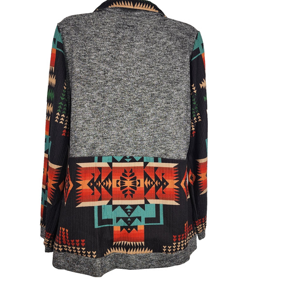 Fashion Express Womens Zip Jacket Medium Gray Orange Turquoise Aztec Southwest - Picture 2 of 9